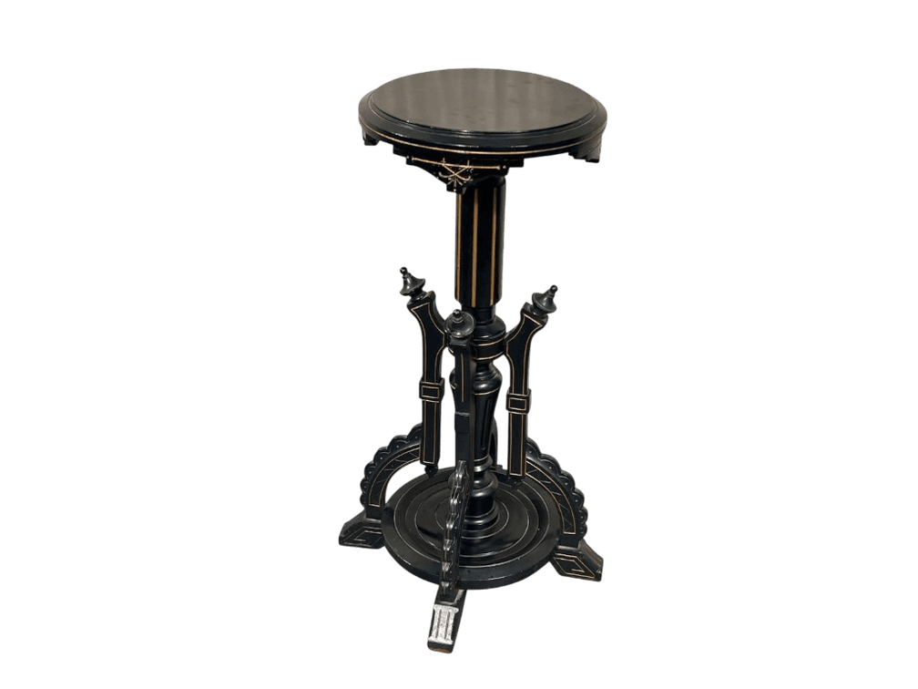 Black Ebonized Wood Accent Table with Gold Inlay