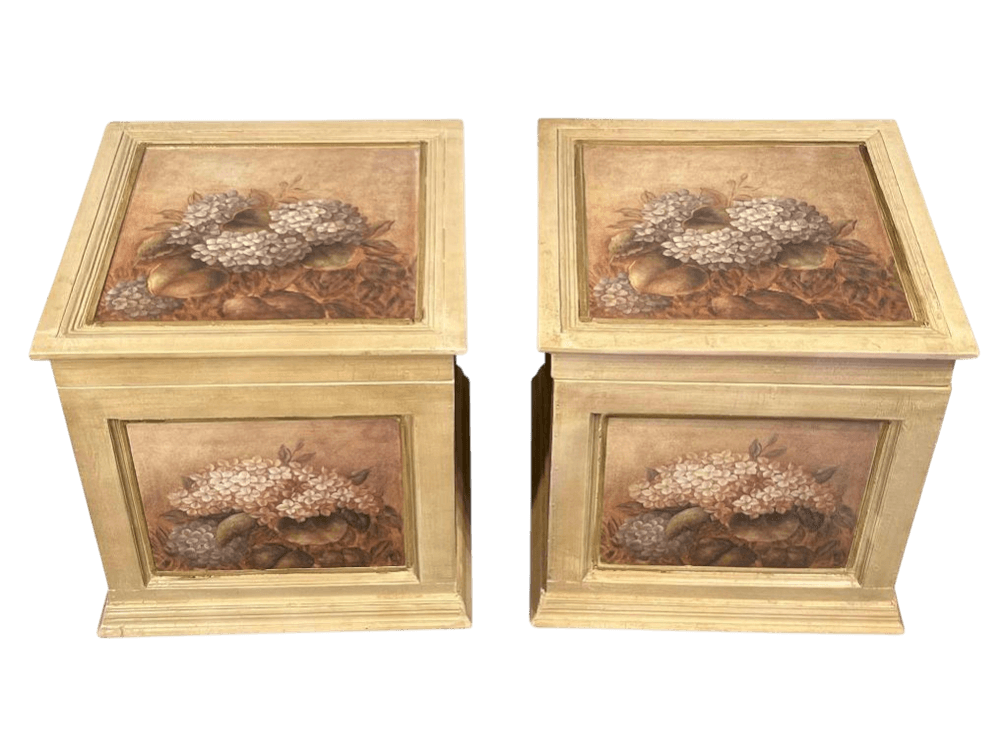 Pair of Gilt Wood Decorative Storage Boxes with Floral Art