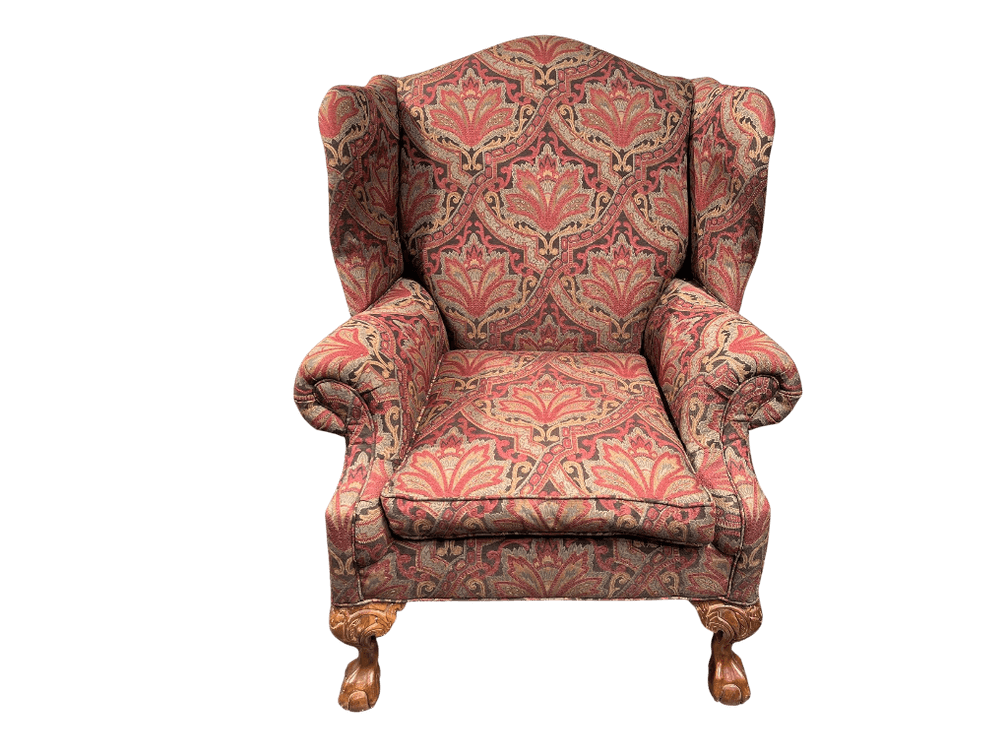 Wingback Armchair with Jacquard Floral Upholstery and Carved Claw Feet