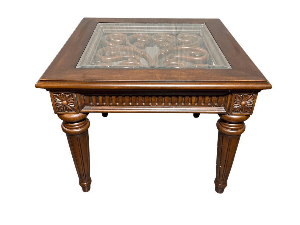 Wooden Glass-Top Coffee Table with Ornate Scrollwork Design, 25"