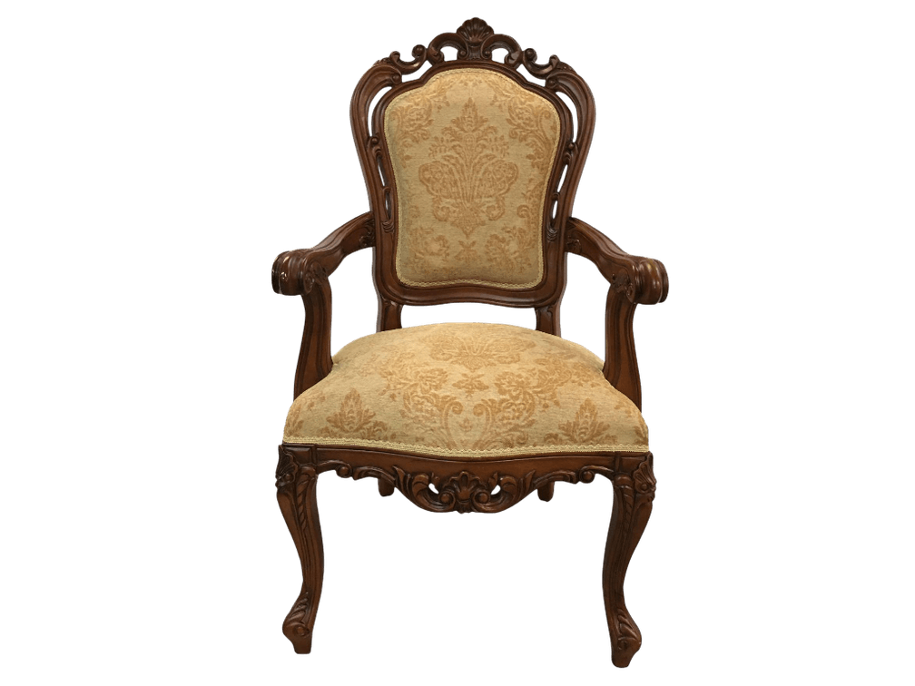 French Style Carved Mahogany Armchair with Damask Upholstery