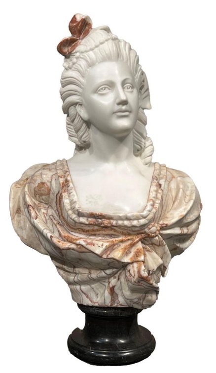 $2,750 Marble Bust Sculpture with Multicolor Veining and Draped Garment