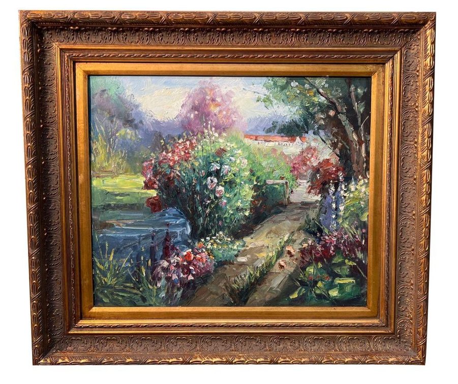 Impressionist Landscape Oil Painting with Ornate Gilded Frame