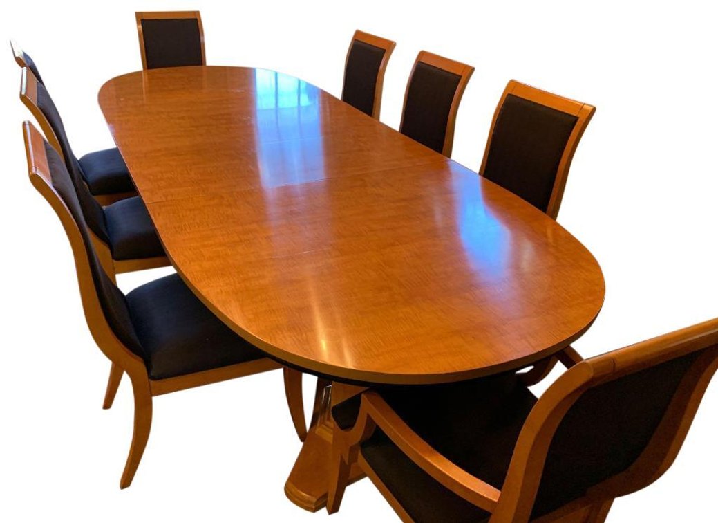 $6,500 Elegant Maple Dining Table and Chair Set with Black Upholstered Seating