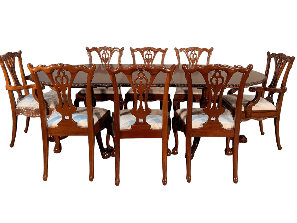 $14,800 Hi-End Mahogany Double Pedestal Dining Table with Ten Chairs