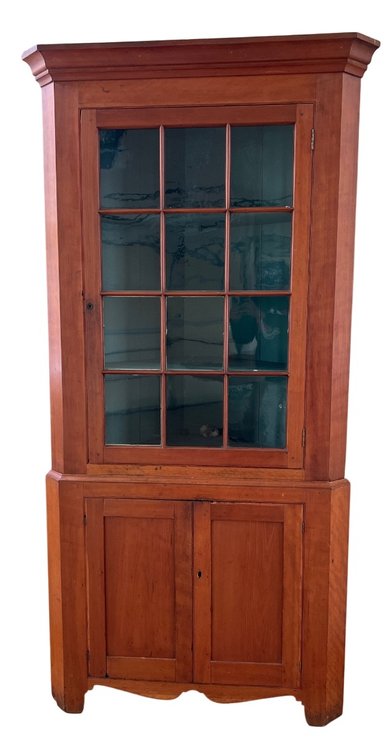 Cherry Wood Corner Cabinet with Glazed Doors and Shelving