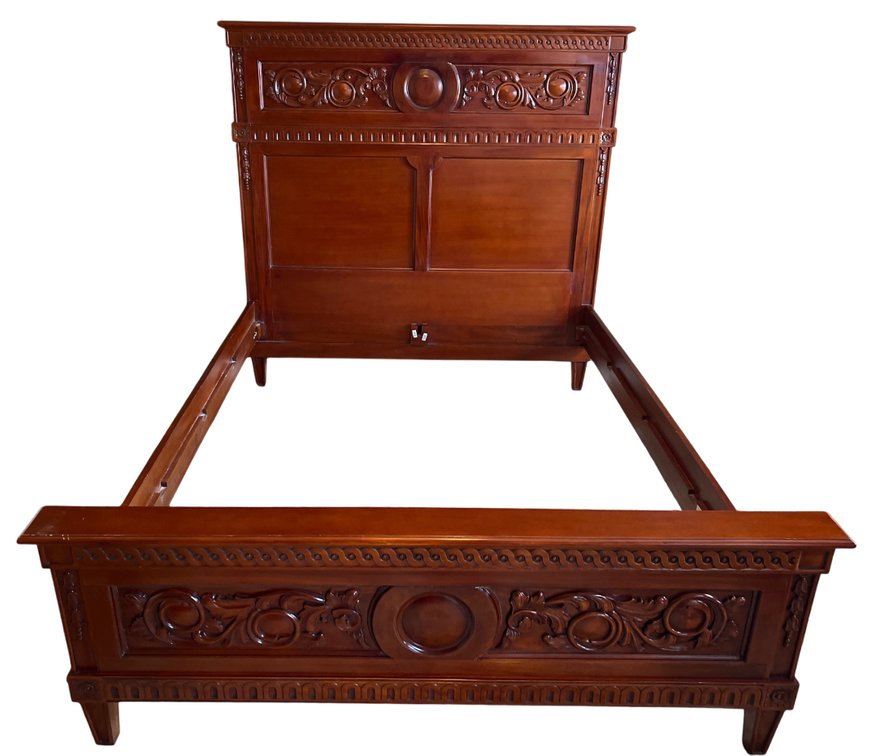 $4,500 Queen Carved Mahogany Bed Frame with Ornate Floral Design