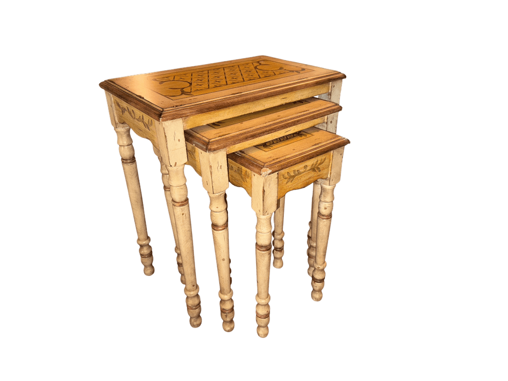 Wooden Nesting Tables with Decorative Painted Tops and Turned Legs