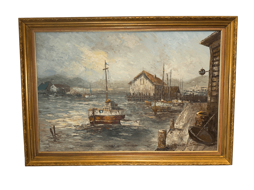 Oil Painting of Harbor Scene with Dock and Fishing Boats
