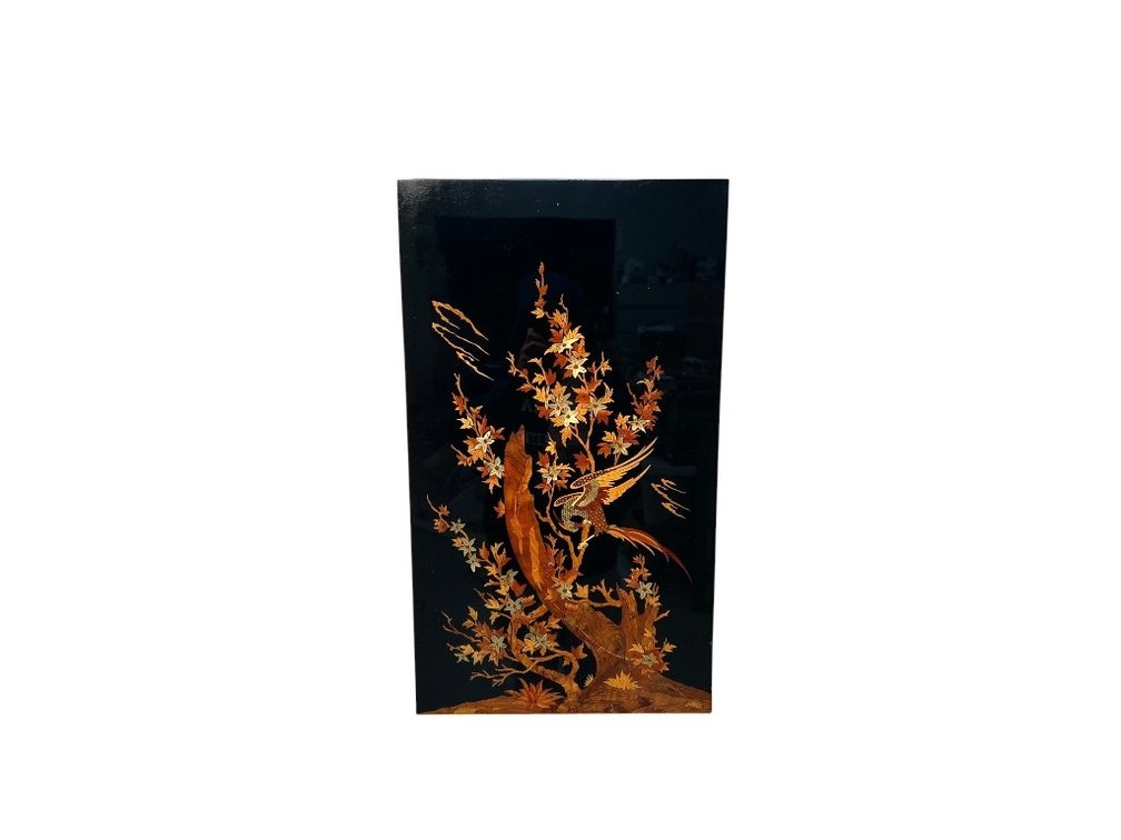 Japanese Marquetry Wood Inlay Panel with Bird and Floral Motif
