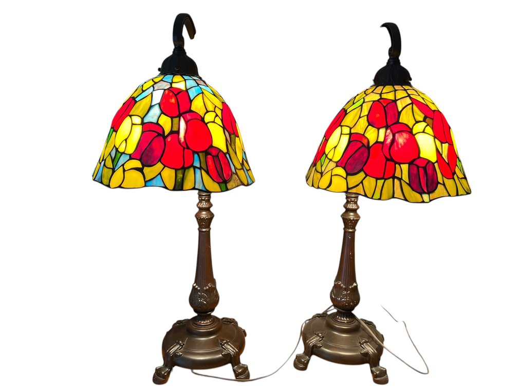 Pair of Handcrafted Stained Glass Table Lamps with Floral Motif, 30"H