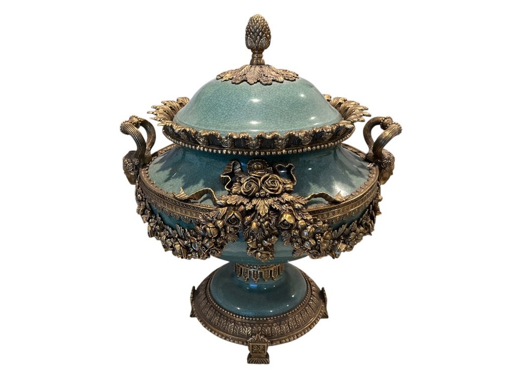 Porcelain and Bronze Decorative Lidded Urn, Made in China, 21"H