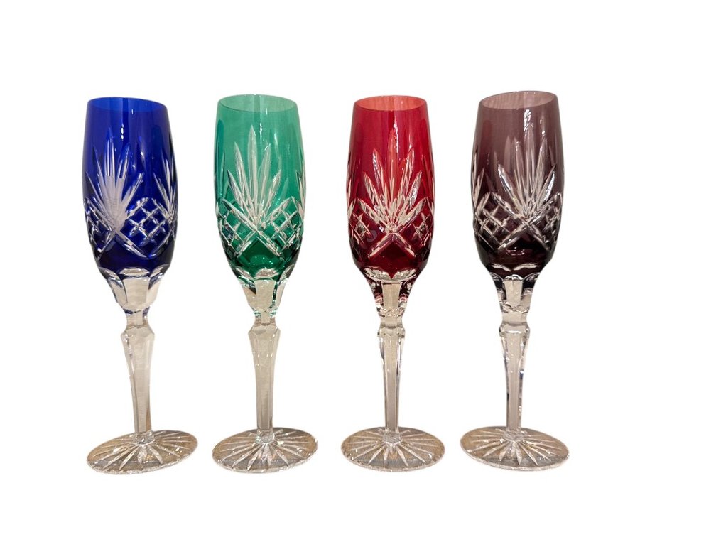 Colored Cut Crystal Champagne Flute Set, Assorted Colors, Set of 4, 9"H