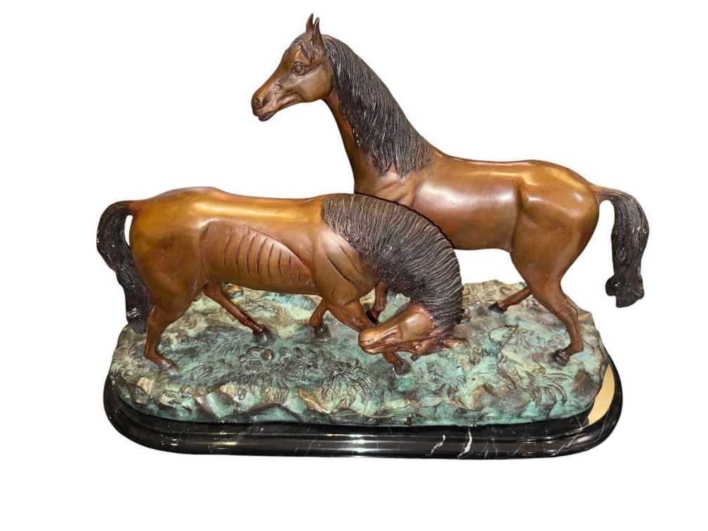 Leonardo Rossi Bronze Horse Pair Sculpture on Marble Base, 14"