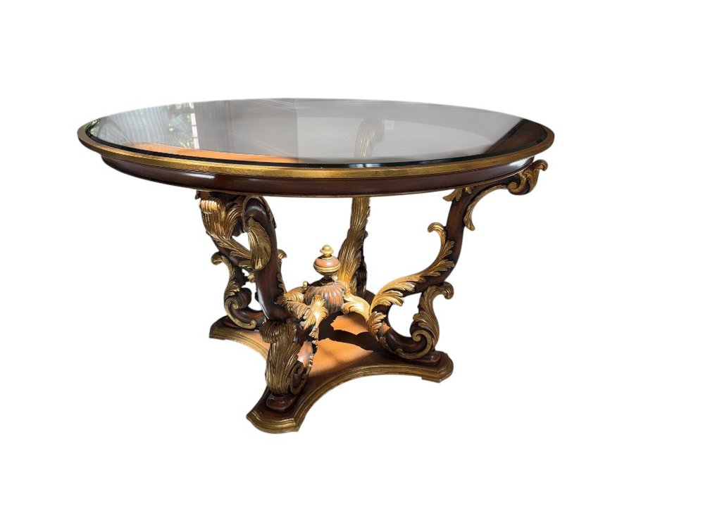 $6,000+ Italian Ornate Glass-Top Console Table with Gold Leaf Accents, 30"H