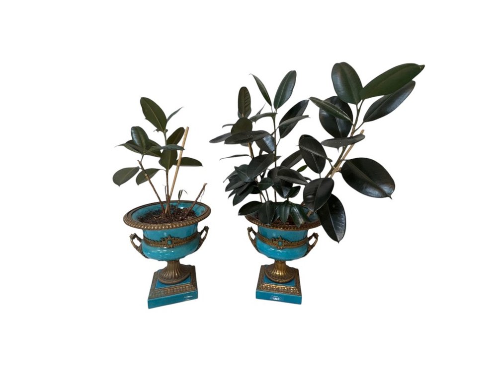 Pair of Turquoise Glazed Ceramic and Bronze Mounted Urns, 18"H
