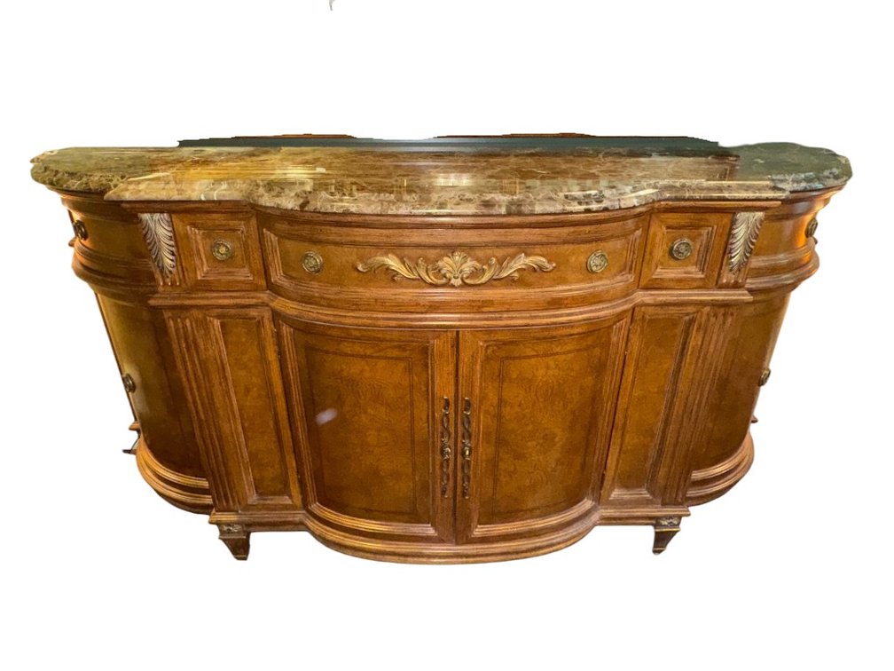 $6,500 Jeffco Burl Wood Sideboard Server Buffet, Drawers, Curved Doors with Marble Top, 86"