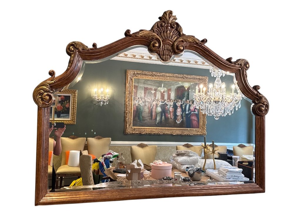 Carved Wood Mantel Mirror with Gilded Accents and Scrolled Crest, 65"