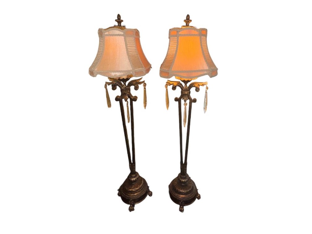 Tall Ornate Table Lamp with Fabric Shade, Pair, 35"H