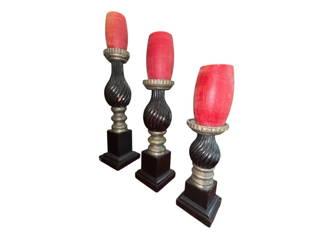 Set of Three Carved Candle Holders with Red Decorative Pillar Candles, 40"H