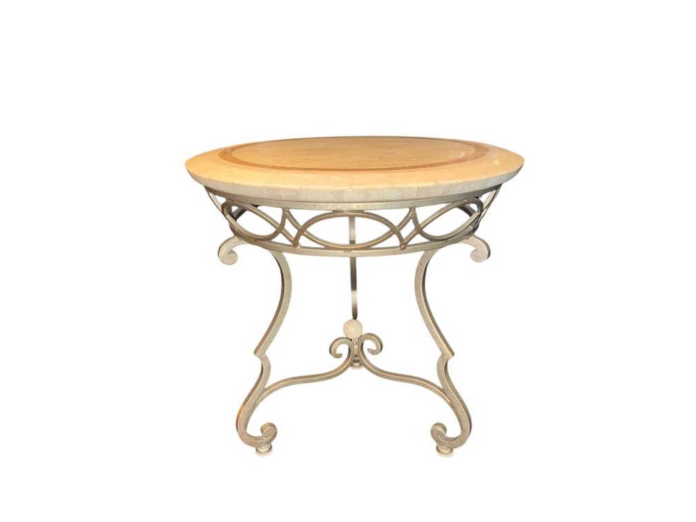 Round Stone Top Table with Wrought Iron Base, 24"