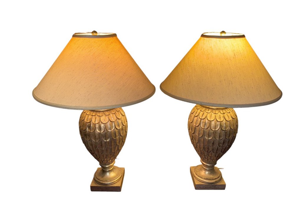 Pair of Gold Textured Table Lamps with Fabric Shades, 32"