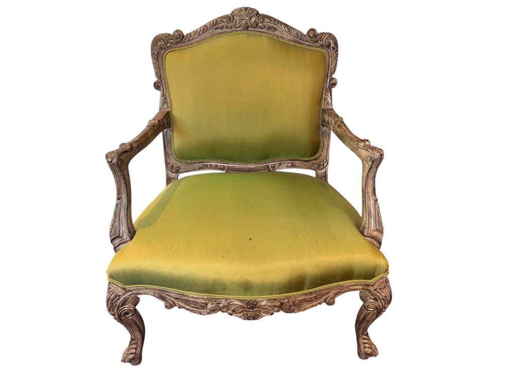 Carved Wood Armchair with Custom Silk Green Upholstery Fabric, 41"