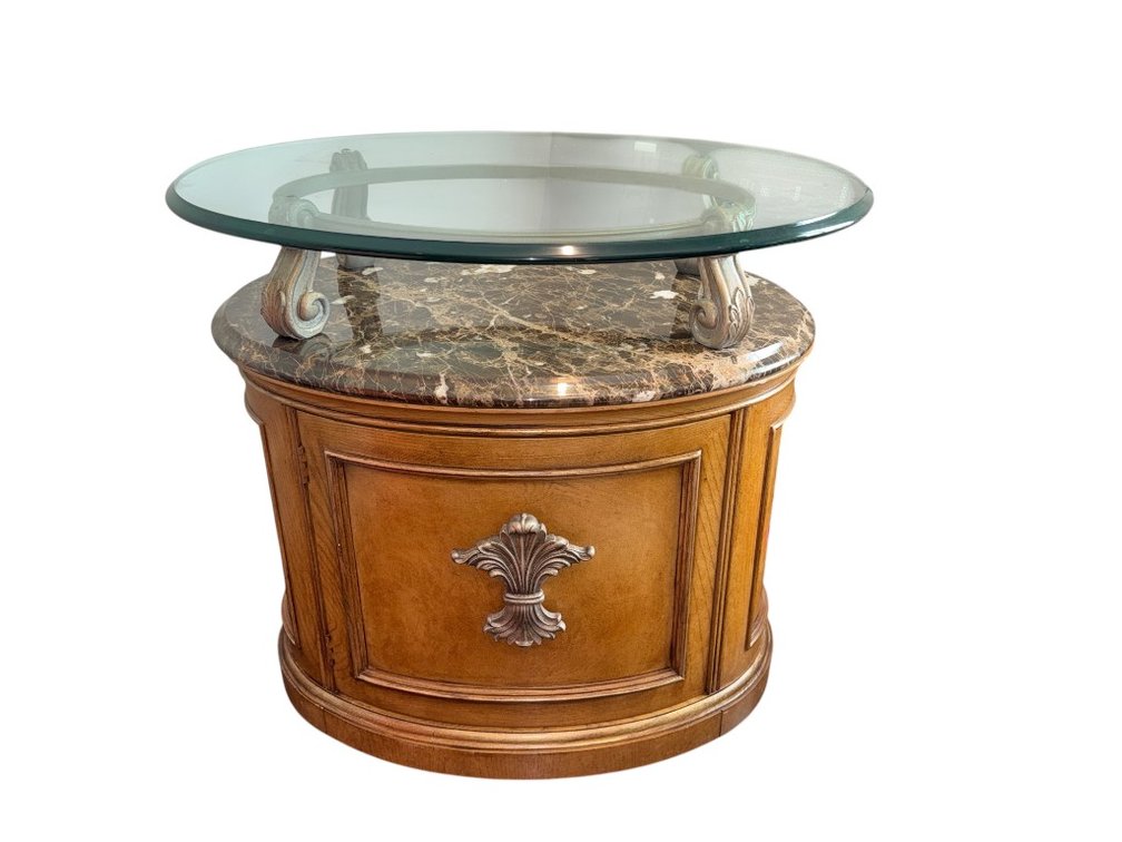 Henredon Round Burl Walnut and Marble Accent Table with Glass Top, 31"H