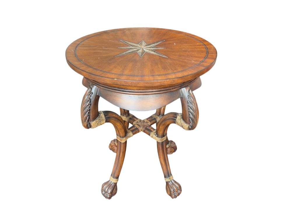 Round Burl Mahogany Side Table with Inlay Star Design, 30"H