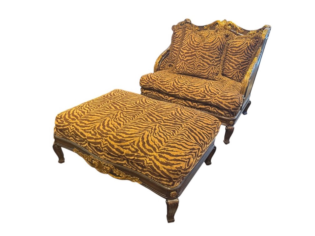 $9,000+ Marge Carson Carved Wood Settee and Ottoman, Custom Animal Print Upholstery, 46"H