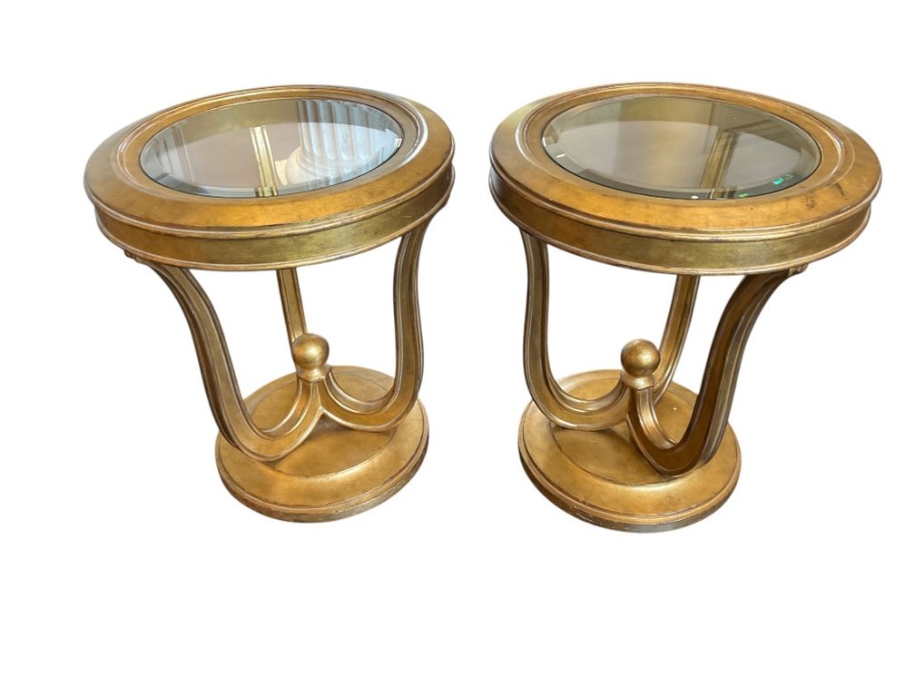 $5,000+ Marge Carson Gold Gilt Glass-Top Side Tables, Pair, 24"H
