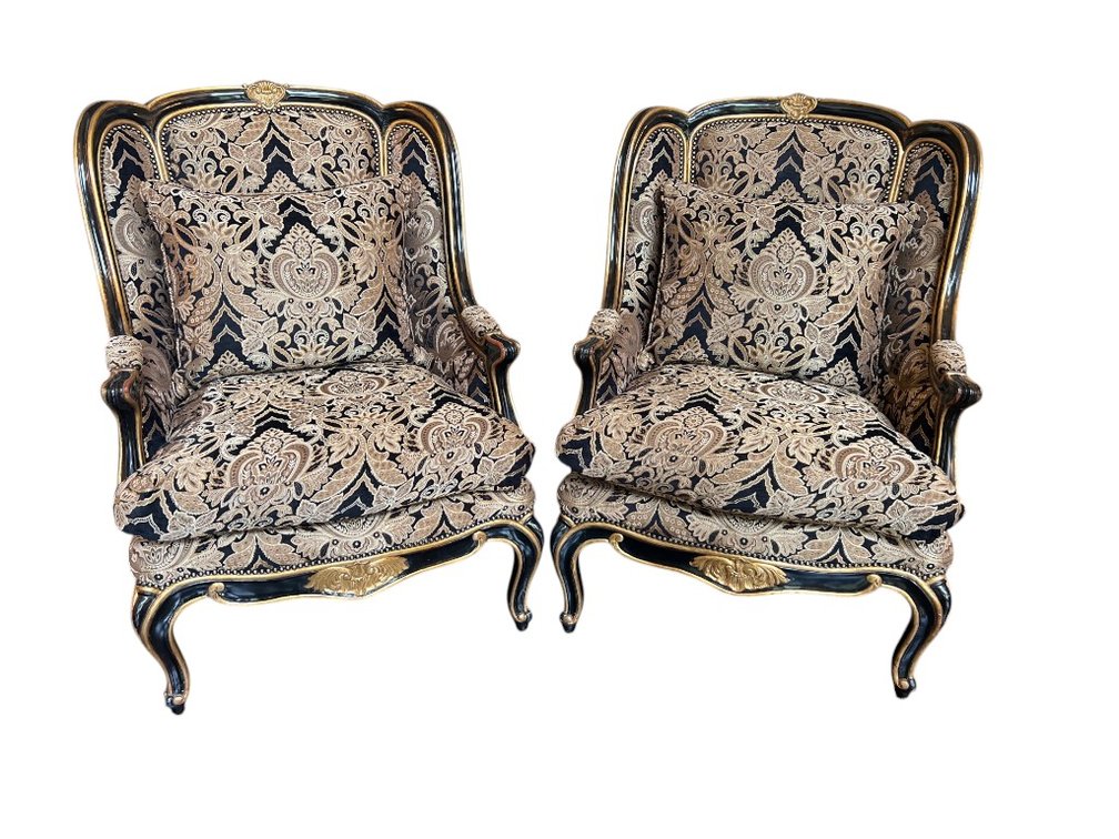 $9,500+ Pair of Marge Carson Marguerite Handcrafted Black & Gold Bergere Armchairs, 43"