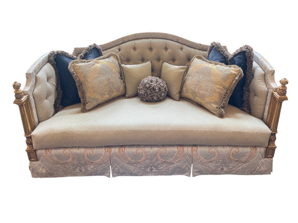 $12,500 Marge Carson Trianon Court Custom Upholstered Sofa with Carved Wood Accents, 85"