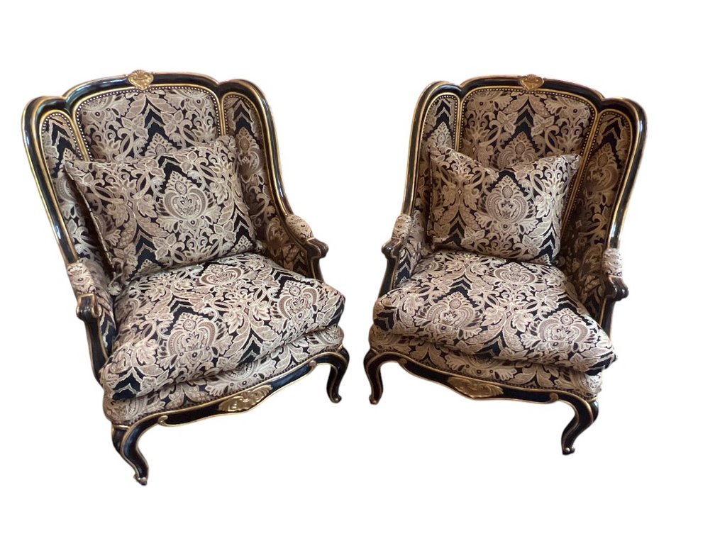 $9,500+ Pair of Marge Carson Marguerite Handcrafted Black & Gold Bergere Armchairs, 43"H