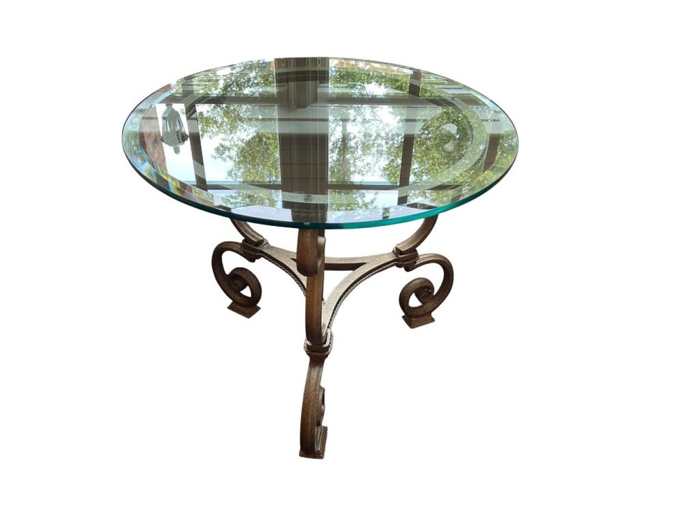Elegant Filigree Iron Scrollwork Glass-Top Table, 27"
