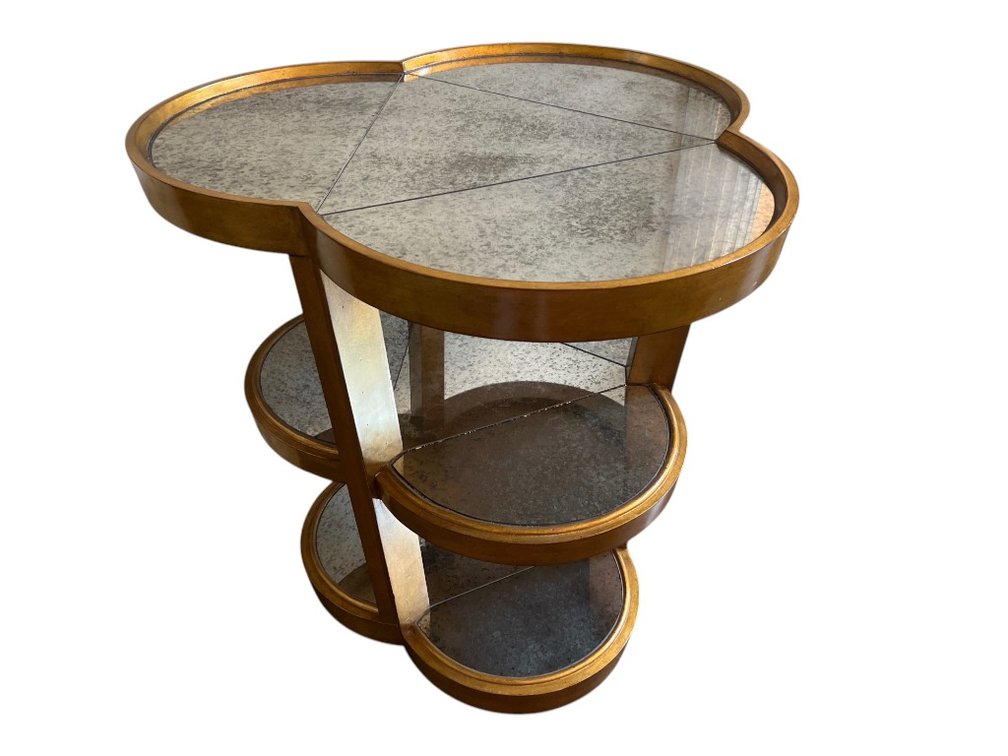 $4,000+ Rue Royale Marge Carson Clover-Shaped Gilt and Antiqued Mirror Three-Tier Tall Table, 36"