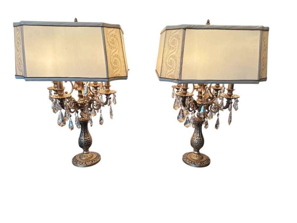Schonbek 24% Lead Crystal Table Lamp Pair with Stunning Fabric Shades, 29"H