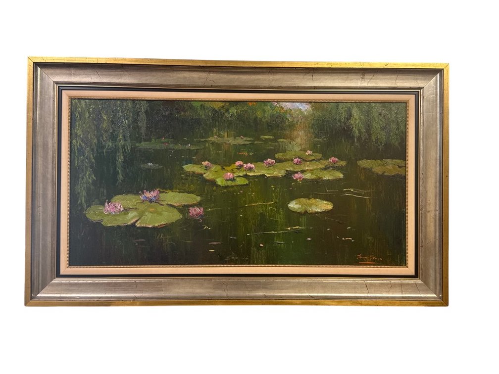 Oil painting – Waterlilies Pond by Roman Frances, Signed, Silver-Gilt Frame, 52 x 30"