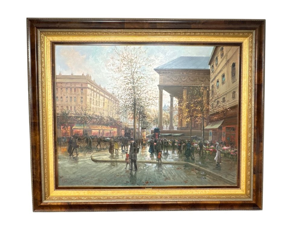 Exceptional Oversize Painting: E. Payes Parisian Street Scene Oil on Canvas with Burl and Gilt Frame, 78 x 64"