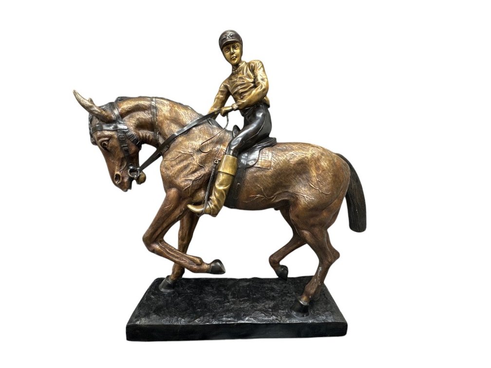 Exquisite 41"H Jockey on Horse, Patinated Bronze with Marble Base, 41"H