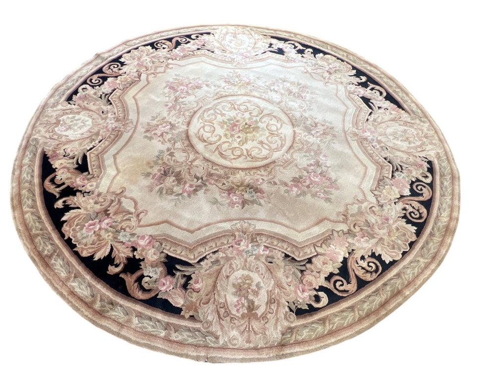 Round Aubusson-Style Floral Medallion Rug, Hand-Knotted Wool 12'1" x 12'1"
