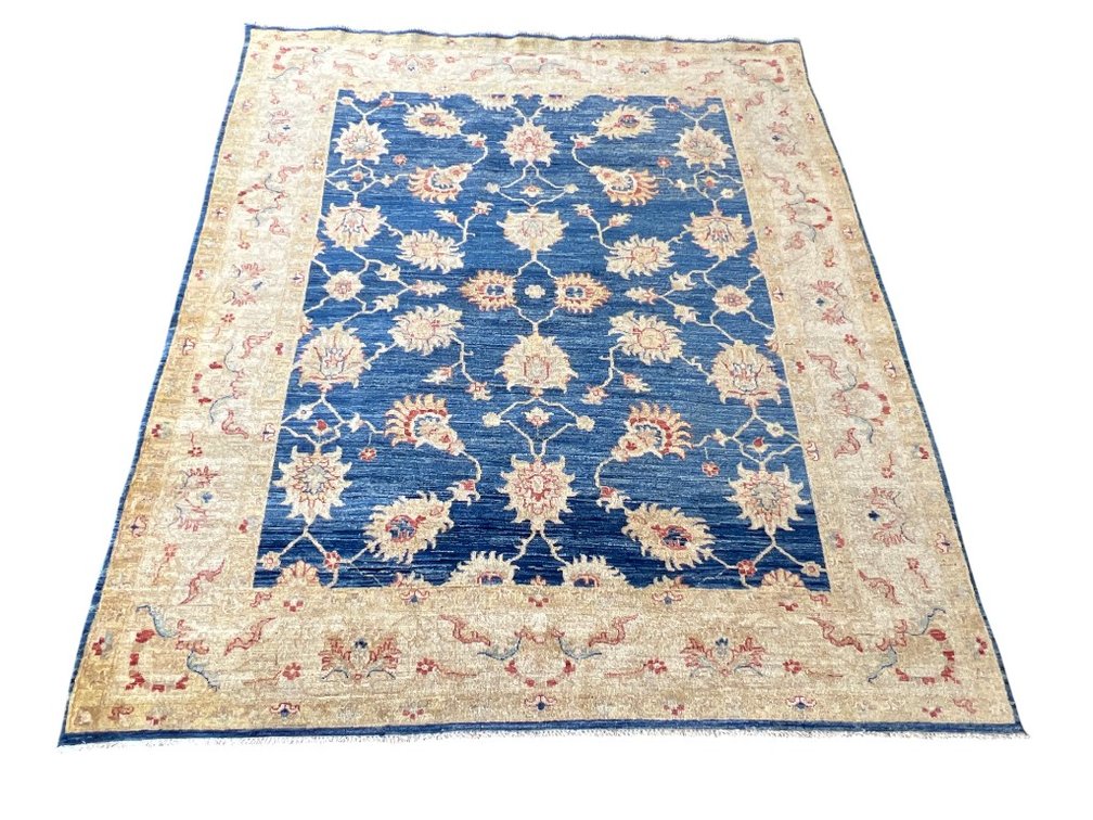 Rug, Hand-Knotted Wool with Ziegler-Style Floral Design, Blue Field and Ivory Border, 6'5" x 7'4"