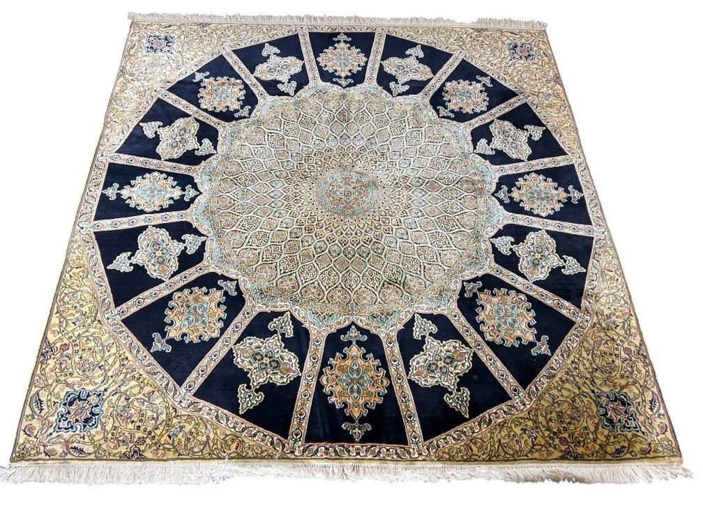 Rare, Hand-Knotted Persian Square Silk and Wool Rug with Medallion Design, 6'2" x 6'