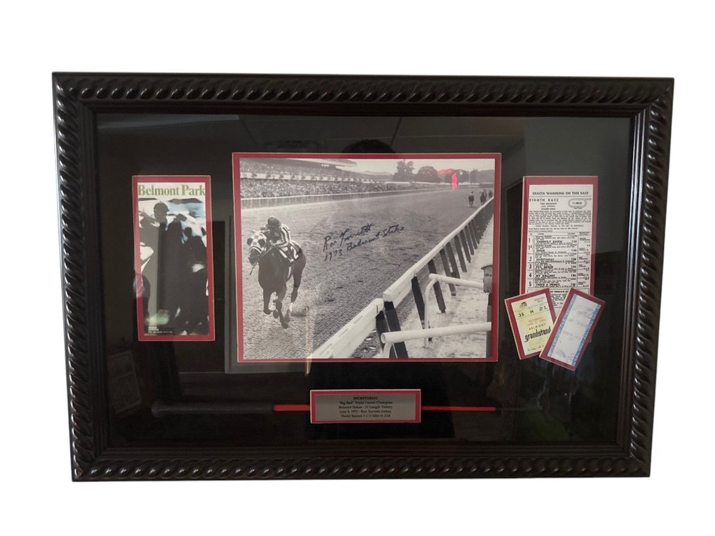 Photograph - Secretariat Framed Display Signed by Ron Turcotte with Belmont Park Ephemera, 32 x 45"