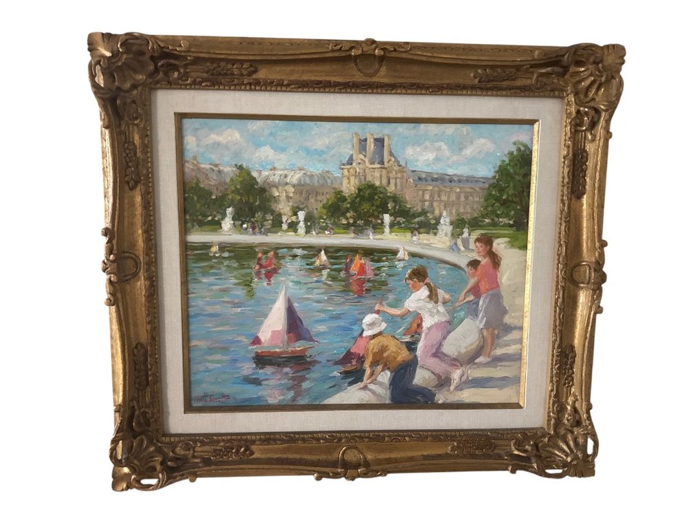 Painting 'Au Jardin des Tuileries' by Tchoubanoff, Oil on Canvas, Signed, Gilt Ornate Frame, 30 x 26"