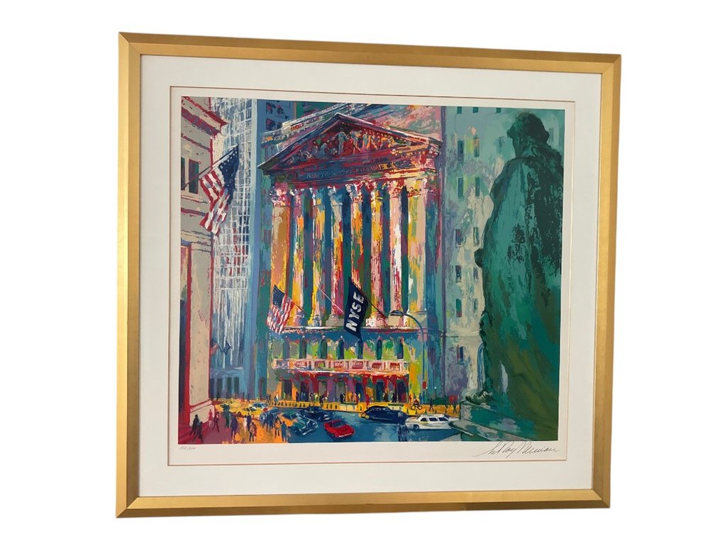 Framed Lithograph by LeRoy Neiman — New York Stock Exchange, Signed Limited Edition 182/1400, 39 x 37"