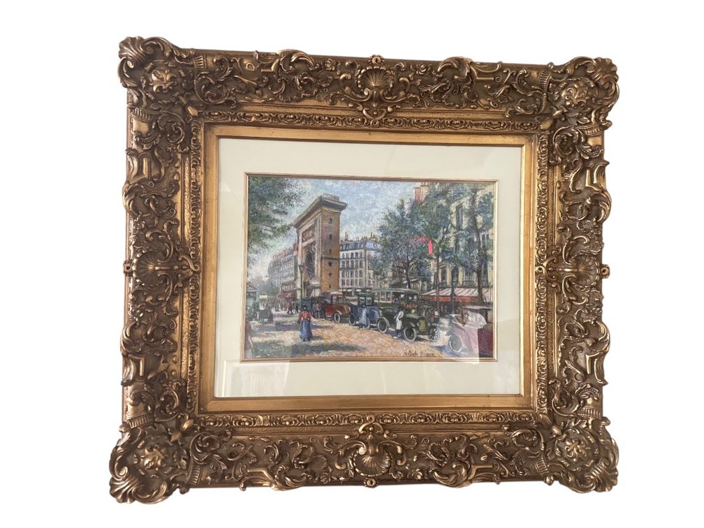 Painting Signed H. Claude Pissarro — Paris Street Scene with Early Automobiles, Ornate Gilt Frame, 34 x 32"