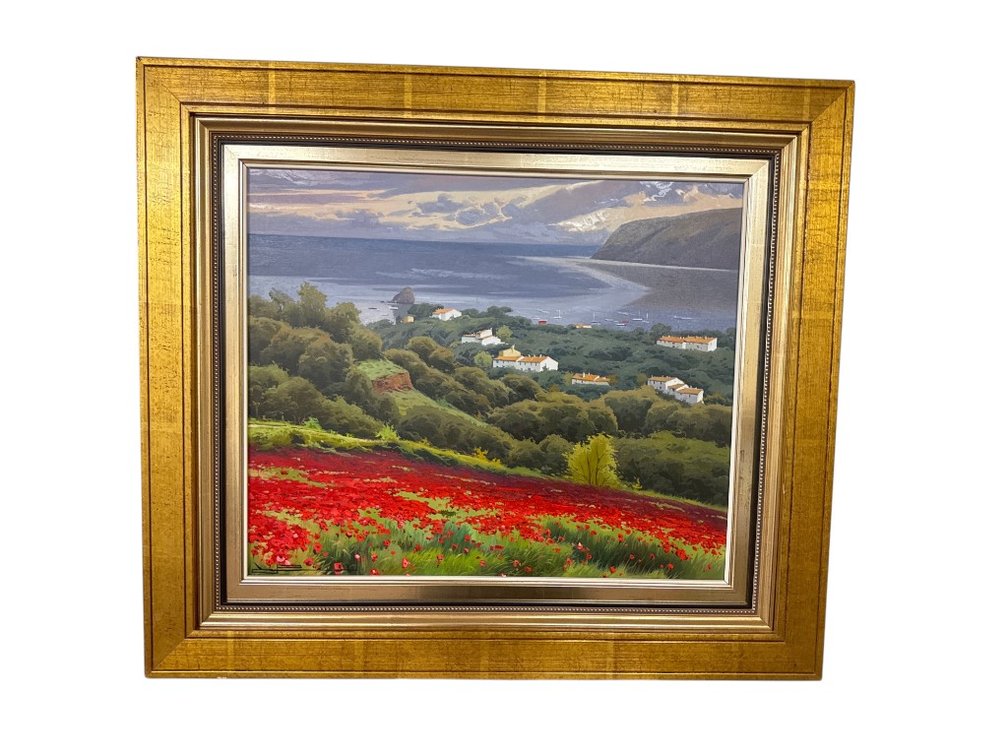 Painting: Oil on Canvas Landscape with Red Poppy Field, Signed, Gilt Frame, 32 x 28"
