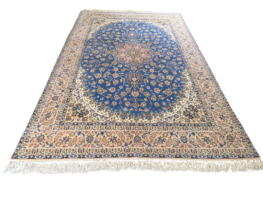 Exceptional Fine Weave Signed Persian Isfahan Wool & Silk “Asachi” Workshop Medallion Carpet, 8'10" x 12'7"