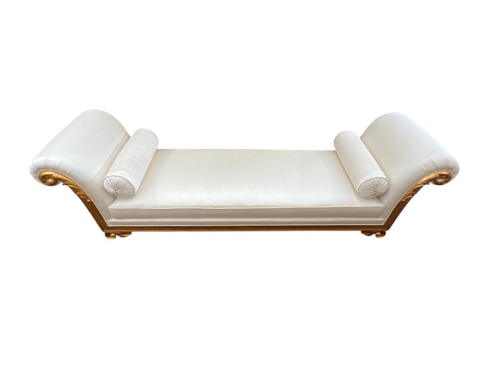 $7,500+ Chaise Longue with Silk Custom Upholstery and Gilded Carved Wood Frame by Christopher Guy, 29 x 107 x 32"